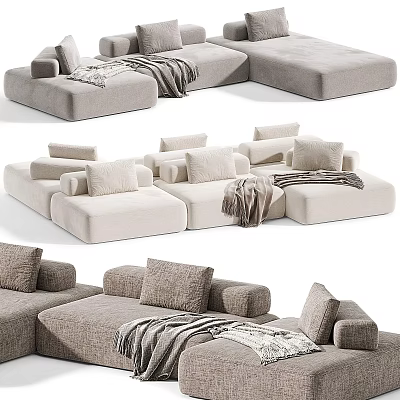 Modular Casual Sofa Set With Light Colored Upholstery Cozy Pillows And Soft Blanket 3d model