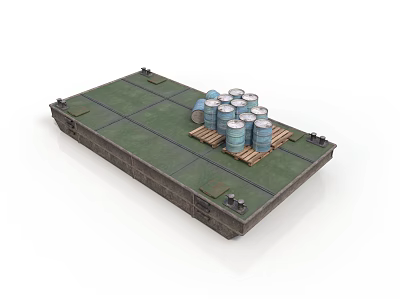 Industrial Equipment Green Storage Platform With Blue Barrels On Wooden Pallet For Transport 3d model
