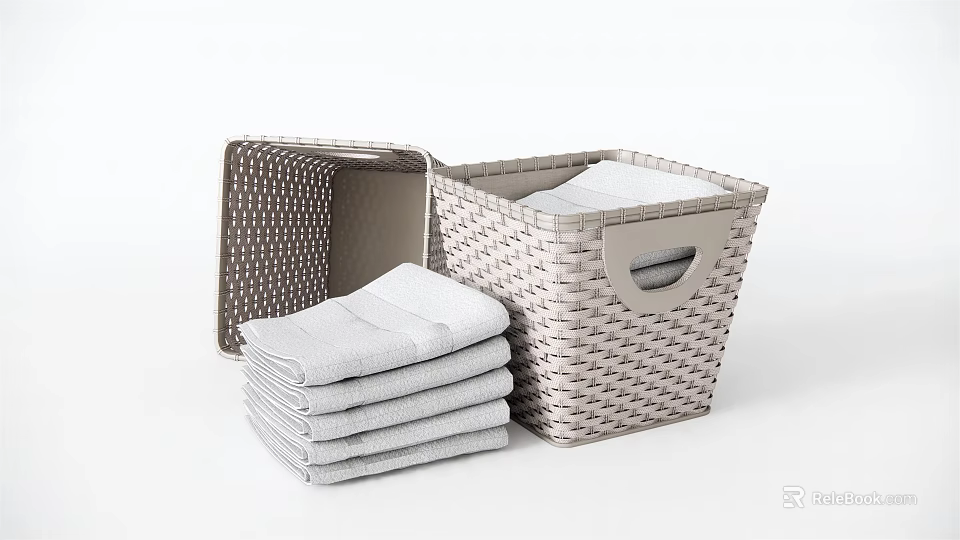 Soft Stacked Bath Towels in Woven Rattan Baskets for Bathroom Storage 3d model 
