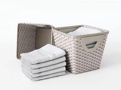 Soft Stacked Bath Towels in Woven Rattan Baskets for Bathroom Storage 3d model