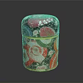 Colorful Patterned Cylindrical Storage Box With Traditional Floral Motifs And Decorative Bands