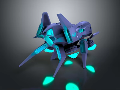 Futuristic Sci Fi Mechanical Creature With Purple Blue Glowing Elements Sharp Wings And Green Glowing Base 3d model