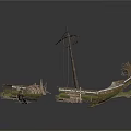 Ancient Wooden Water Vessel Wreckage With Broken Structure And Debris