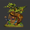 Cartoon Scene Featuring Curved Tree Green Leaves Hanging Swing Blue Pond And Orange Fruits
