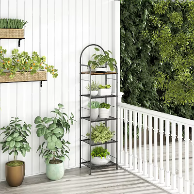 Black Metal Multi Tier Shelving Unit Holding Potted Plants Near White Railing And Greenery 3d model