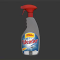 Blender Cleaning Spray With Red Nozzle White Body Blue Yellow Label On Dark Indoor Table