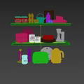 White Kitchen Shelves With Jars Teapot Plates Mugs Coffee Maker Toaster And Wooden Cutting Boards