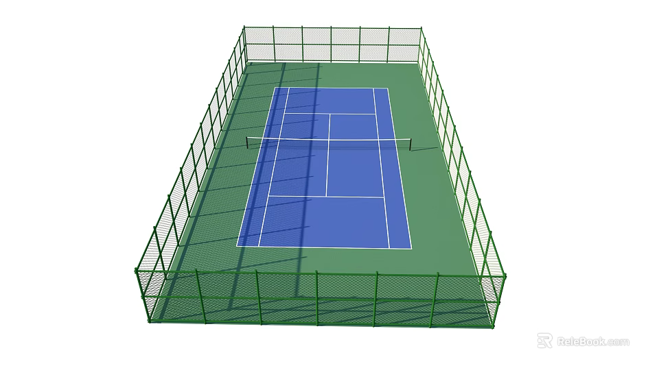 Outdoor Tennis Court With Green Surface And Blue Playing Area Surrounded By Green Fence 3d model 