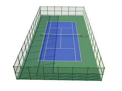 Outdoor Tennis Court With Green Surface And Blue Playing Area Surrounded By Green Fence 3d model