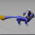 Blue Fantasy Feline Creature With Orange Decorative Tail And Collar Bell Accents