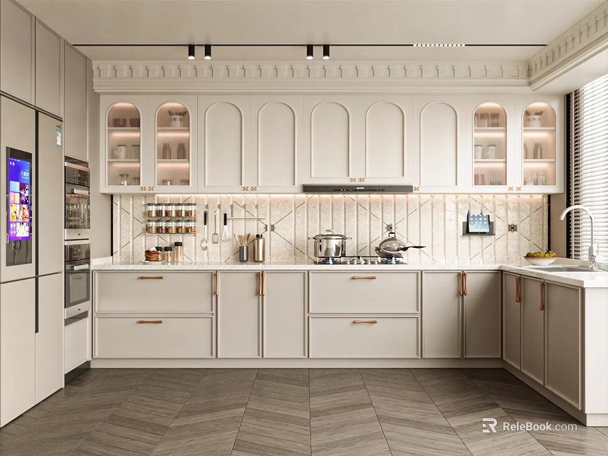 Modern Kitchen Interior With White Cabinets Wooden Handles Tile Backsplash And Herringbone Floor 3d model 