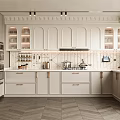 Modern Kitchen Interior With White Cabinets Wooden Handles Tile Backsplash And Herringbone Floor