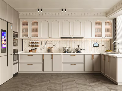 Modern Kitchen Interior With White Cabinets Wooden Handles Tile Backsplash And Herringbone Floor 3d model