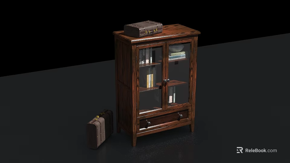 Wooden Bookcase with Glass Doors Old Suitcase on Top and Small Suitcase Beside 3d model 