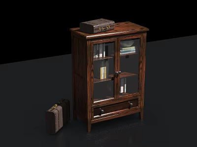 Wooden Bookcase with Glass Doors Old Suitcase on Top and Small Suitcase Beside 3d model