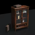 Wooden Bookcase with Glass Doors Old Suitcase on Top and Small Suitcase Beside