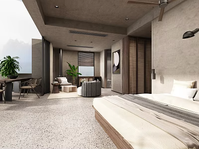 Hotel Room Interior Design With Comfortable Bed Sofa Plant And Ceiling Fan 3d model