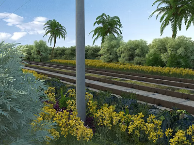 Railway Tracks Infrastructure with Palm Trees Green Shrubs and Yellow Flowers 3d model