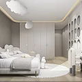 Modern Kids Room Interior With Cloud Shaped Decor Soft Seating Stuffed Toys And Round Rug