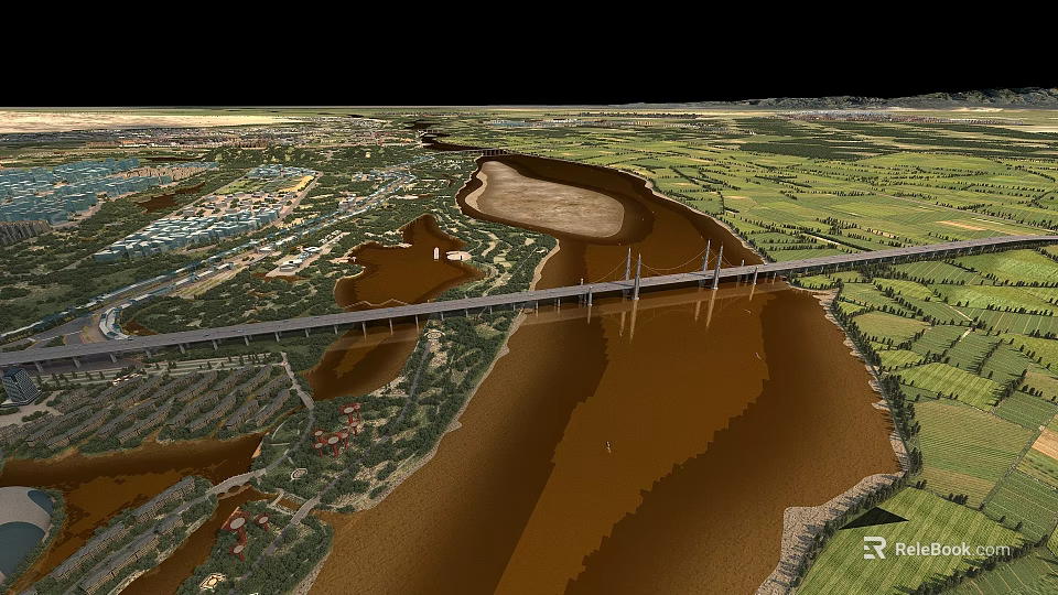 Aerial Landscape Of Wide Muddy River Crossed By Long Bridge Near Green Fields And Towns 3d model 