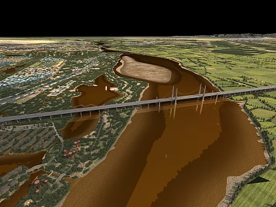 Aerial Landscape Of Wide Muddy River Crossed By Long Bridge Near Green Fields And Towns 3d model