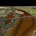 Aerial Landscape Of Wide Muddy River Crossed By Long Bridge Near Green Fields And Towns