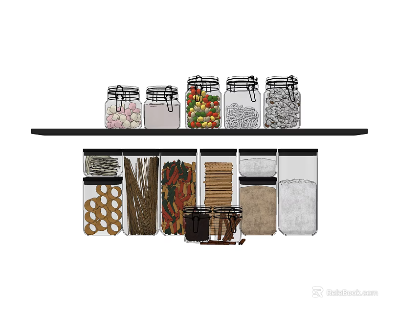Glass Spice Jars Organized on Black Shelf with Various Seasonings and Ingredients 3d model 