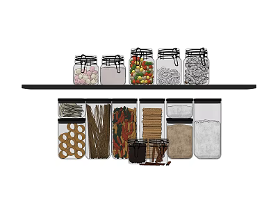 Glass Spice Jars Organized on Black Shelf with Various Seasonings and Ingredients 3d model