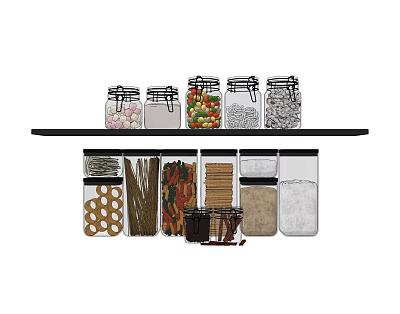 Glass Spice Jars Organized on Black Shelf with Various Seasonings and Ingredients 3d model