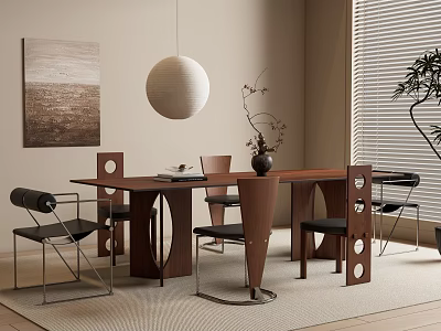 Modern Wooden Table and Black Chairs Set Interior With Pendant Light Wall Art and Plant 3d model