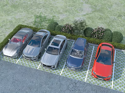 Various Colored Cars Parked in Outdoor Parking Area With Green Grass and Bushes 3d model
