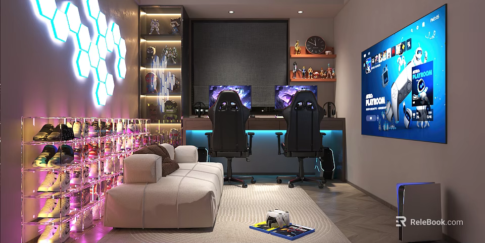 Modern Gaming Room Interior With Dual Monitors Black Chairs Sofa Neon Lights And Collectibles 3d model 