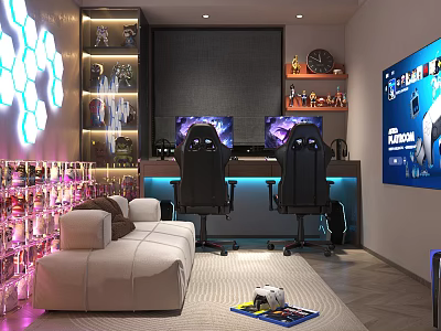 Modern Gaming Room Interior With Dual Monitors Black Chairs Sofa Neon Lights And Collectibles 3d model