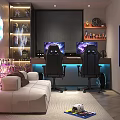 Modern Gaming Room Interior With Dual Monitors Black Chairs Sofa Neon Lights And Collectibles