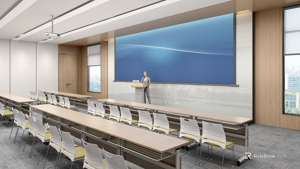 Modern Conference Hall with Speaker at Podium Large Blue Screen and Rows of Chairs 3d model 
