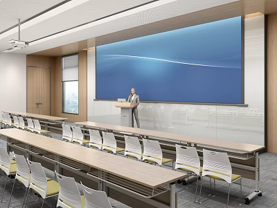 Modern Conference Hall with Speaker at Podium Large Blue Screen and Rows of Chairs 3d model