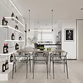 Modern Dining Room Interior With Glass Dining Table Acrylic Chairs Pendant Lights And Wine Bottles