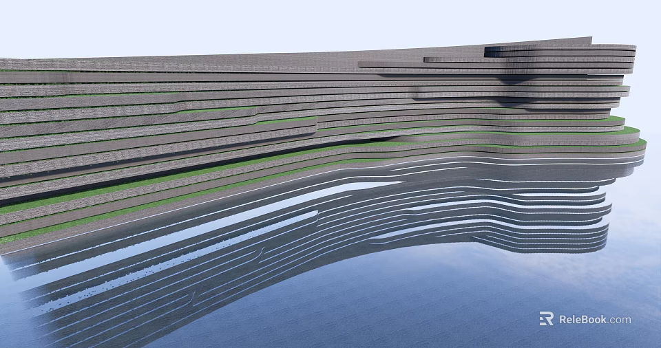 Architectural Feature Wall With Layered Texture Green Strips And Water Reflection 3d model 