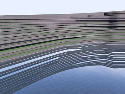 Architectural Feature Wall With Layered Texture Green Strips And Water Reflection 3d model