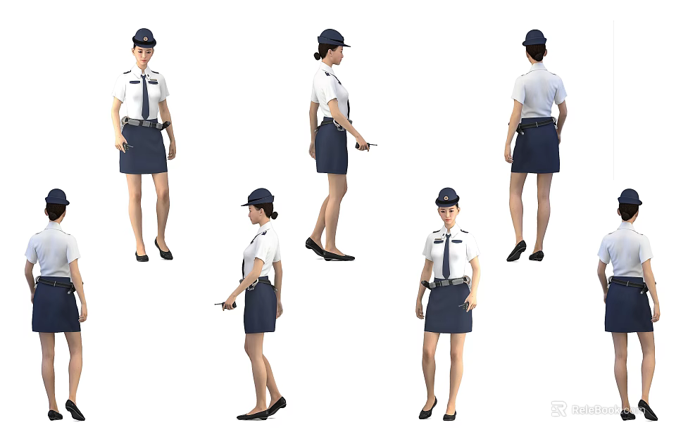 Professional Woman in Uniform Displayed from Various Angles with Cap and Skirt 3d model 