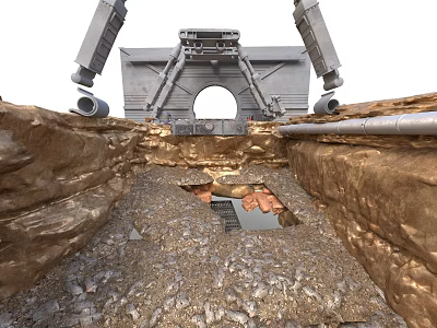 Industrial Sci-Fi Scene With Rocky Terrain Metal Structure And Mechanical Components 3d model