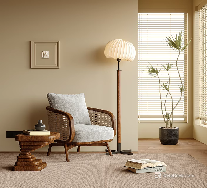 Cozy Lounge Chair With Wicker Armrests Wooden Frame Light Gray Cushion Floor Lamp And Plant 3d model 