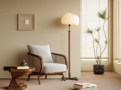 Cozy Lounge Chair With Wicker Armrests Wooden Frame Light Gray Cushion Floor Lamp And Plant 3d model