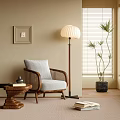 Cozy Lounge Chair With Wicker Armrests Wooden Frame Light Gray Cushion Floor Lamp And Plant