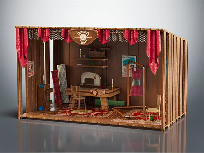 Detailed Handmade Wooden Box Scene With Sewing Machine Table Chair Red Curtains And Decor 3d model