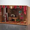 Detailed Handmade Wooden Box Scene With Sewing Machine Table Chair Red Curtains And Decor