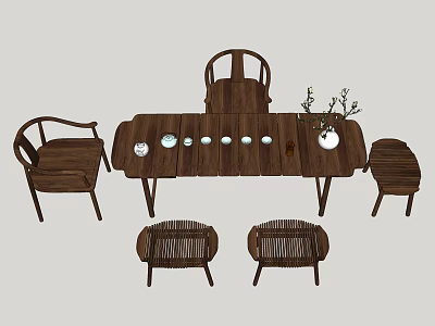 Traditional Solid Wood Tea Table and Chairs with Ceramic Teaware and Small Potted Plant 3d model