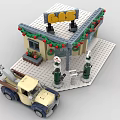 Detailed Building Blocks Gas Station With Snacks Sign Toy Truck Red Wreath And Gas Pumps