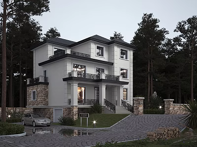 White Exterior Detached Villa With Black Roof In Wooded Area Driveway And Lawn 3d model