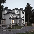 White Exterior Detached Villa With Black Roof In Wooded Area Driveway And Lawn